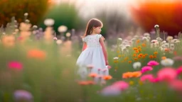 A baby girl with a white dress standing in beautiful colorful meadow of wild flowers floral background, landscape with white or pink flowers with sunset and blurred background. Soft pastel Magical nature copy space evening not bright