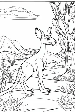 kangaroo in an Outback scene., clean line art, white background, no shadows, well outlined, for kids coloring book, cartoon style.
