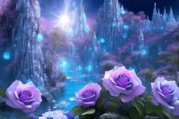 blue crystals dwellings of eldervale fleuri buganvillier rose, soleil,lac bleu, lumieres bleu,pont fleuri, cascade bleu