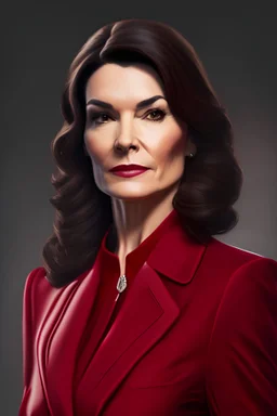 realistic Portrait of a woman in red power suit and dark brown hair. she looks like a mayor