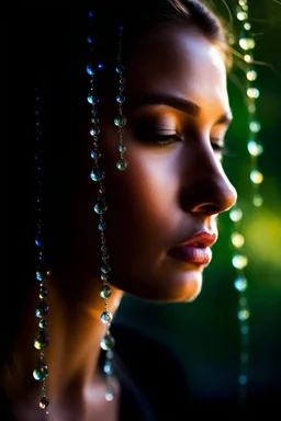 Morning Dew Serenity: Picture a delicate fluorescent glass girl face in the early morning light, adorned with glistening dewdrops. Sharp focus . Iridescent colors with intricate details. The tranquility of the scene mirrors the quiet strength that comes from embracing stillness and finding inspiration in the simplest moments.