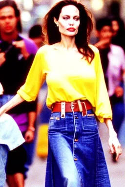 year 1996 denim fashion. Loose skirt, low waist. Colors: denim blue, blue, purple, cream, khaki, light green, lilac, plum, orange, terracotta, red, light yellow, lion yellow, pink, dark blue, beige. Angelina Jolie, Kylie Minogue