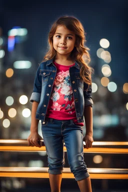 Little 6 years old beautiful girl perfect face,1girl wearing a pretty shirt and jean pant, standing pose,modern city ,night view