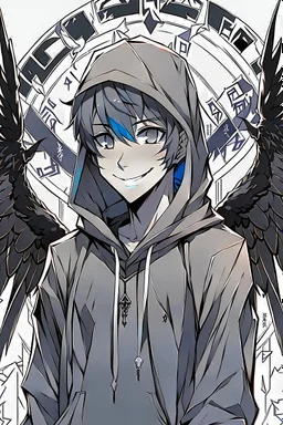 Anime man with black wings, wearing a hoodie, smiling