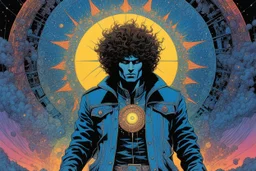 Art: Psychedelic Heavy Metal comic book illustration by Moebius and Philippe Druillet, inspired by Metal Hurlant) Subject: A detailed, kaleidoscopic visualization of the inside of a person’s mind having a breakthrough. The protagonist, a wild-haired, wide-eyed human figure wearing a battered denim jacket and tattered bell-bottoms, is falling through a wormhole of perception. The figure's body is partially composed of melting neurons and glowing binary code. Environment: They are surrounded by