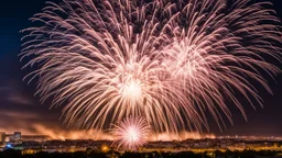 Magnificent firework display, amazing detail, beautiful composition, award-winning photograph, astonishing realism, 28mm lens, adjust perspective