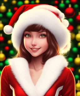 christmaspunk, volumetric christmas-themed environment and background, close-up upper body portrait of young girl, red sexy underwear, white fur jacket, christmas hat, long flowing light coloured hair, realistic shaded perfect face, anime, angel-like, glowing aura, detailed eyes, looking excited, slightly smiling, intricate young girl, stunning, round face, highly detailed oil painting, realistic shaded volumetric lighting, backlight, 8k, uhd, dramatic makeup, rudolph, style and art by sam curry