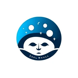 Logo, vector, clean, circle logo with a face looking up at the moon clouds and stars