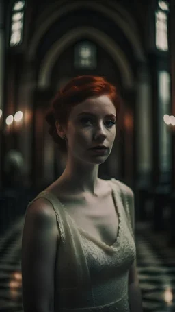 Photograph of a woman. Accurate anatomy. Irish. 18 years old. Skinny. Fit. Sharp jawline. Strong jawline. Collar bones. Redhead. Messy hair. Short hair. Secretive smile. Wedding dress. Elaborate dress. Form-fitting bodice. In a cathedral. Grand cathedral. Darkened background. Well-lit woman. Film grain. 35mm lens. Head to toe.