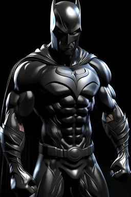 an extremely muscular superhero man wearing a black, skintight, formfitting cowl, a black, skintight, formfitting, Kevlar bodysuit, Silver Wrist Gauntlets, Silver Belt, Silver knee-high boots, black gloves, silver "M" logo on the chest, a mustache and goatee, black gloves, 32k UHD, Hyper Realistic, Photorealistic, realistic, life-like, real life, extremely detailed, extremely sharp, extremely vibrant, extremely colorful, Full color, professional quality, in the art style of Boris Vallejo