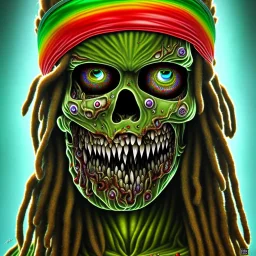 Visage Zombie rastafary iron maiden feuille cannabis, yeux rouges, bandeau couleur rasta