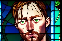 Stained glass window of Thom Yorke's face