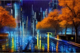 Night, cyberpunk buildings near the autumn trees zone, tendency to science fiction, realistic vision, impressionism painting