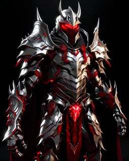 silver metal demon armor with red and gold highlights, glowing red eyes, long crimson cape,