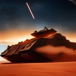 volumetric dramatic desert Battle scene with futuristic hovering military armored Hovercraft tank painted by chris foss, floating, hover, 4k, 8k, [hovercraft] Minutiae, highly detailed, render, rivets, hovering, stripes, sunset duststorm, nimbus clouds