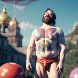 Ultra realistic circus scene. Classic Naked strongman, waist up view, old school tattoo, Wes Anderson style, happy, bubbles, butterflys, highly detailed, concept art, unreal engine 5, god rays, ray tracing, RTX, lumen lighting, ultra detail, volumetric lighting, 3d, finely drawn, high definition, high resolution.