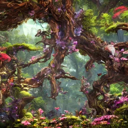 Powerful forest, detailed tree bark, synergy in life, Colective creatures, wonderful flying organisms, beauty as flower, colorful and detailed creatures, multiple species, detailed painting, splash screen, multiple complementary colors, fantasy art, fantastical and realistic landscape, intricate detail, 8k resolution trending on Artstation Unreal Engine 5