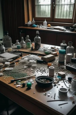 a room filled with drugs and needles on a table