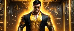 Hyper Realistic handsome muscular Electric-Superhero with short-black-hair wearing long-fancy-yellow-tuxedo-with-golden-circuit-patterns & fancy-golden-sunglasses in a dark-rustic-circuit-room with electric-sparks-&-rays & a massive circuit-board-wall with-glowing-embers showing dramatic & cinematic ambiance.