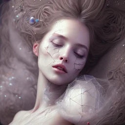 beautiful dead woman asleep on satin pillow with spiderwebs on face, 8k, high-quality, fine-detail, intricate, sharp, crisp, digital art, detailed matte, illustration, octane render, brian froud, howard lyon, Anne Dittman, Anne Stokes, Lisa Parker, Selina French