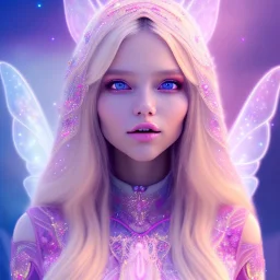 beautiful, soft, big smile face, whole head, long straight blonde hair blues eyes, crown on the head, clothing in transparent bluish and pink veil,fairy wings on the back, background brillante bluish and pink, hight definition, 8K