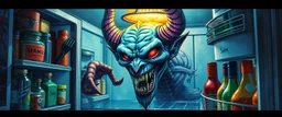 colorful pen and airbrush of twisted demon in the fridge as fantasy art in the style of giger and escher