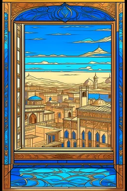 Fenster Ausblick auf persische Stadt aus 1001 Nacht gerade Perspektive thin lines draw style