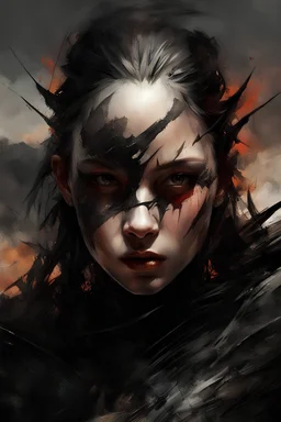 A formidable warrior girl in black armor, against monster, against the background of an amazing gloomy landscape flooded with sunset, mountains, trees, a fabulous scary hero, juicy emotions, painting, gloomy fantasy, gloomy day, dark world, portrait, oil and graphite, wide strokes, a weaving frame around, by Ryohei Hase, Agnes Cecile, Raymond Swanland, Anne Bachelier