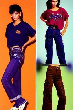 year 1996 denim fashion. Loose fit, "combat pants" with low waist, baggy, Combat pants and t-shirt. Colors: denim blue, blue, purple, khaki, light green, lilac, plum, orange, terracotta, red, pink, dark blue, beige. Women models. Patterns: Sturnus vulgaris pattern prints.Jennifer Lopez, Gwyneth Paltrow, . Big tennis shoes on. Cargo pants. street style hoodie