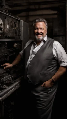 full figure shot photography of an italian smiling strong massive big chubby 50 year old man in smart gray suit, manly chest, unbuttoned shirt, short beard, shirtless, printer in an old printing house, next to a huge old printer, dim light, side light, ambient occlusion