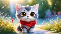 chibi, masterpiece, best quality, original, official art,1cat,red scarf,grass,blurred background, cartoon rendering, beautiful detailed glow, (detailed ice), beautiful detailed water, and I want the Disney Pixar style in a white background painted by watercolor 3DAnimationStyle