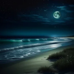 A tranquil beach at night, illuminated by a full moon and stars, with gentle waves lapping at the shore.