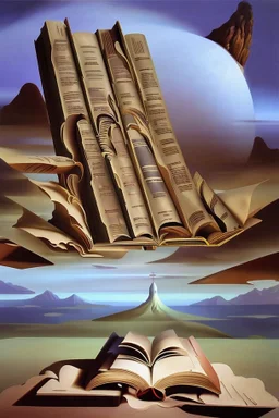 Dreamlike image that represents the idea of ​​traveling through reading a book, a surrealist painting style image by Dalí