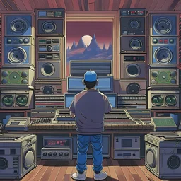 COVER ART, MUSIC, 90S, NOSTALGIC, MUSIC PRODUCER, BACK, FACING AWAY, HUGE ROOM, FAR AWAY, VIDEO GAMES, NEWS, SPEAKERS, MUSIC PRODUCER