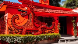 An orangish red pepper palace with a fiery dragon painted by Keith Haring