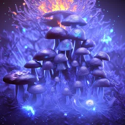 Frost metal magic armoured Mycelium MUSHROOMS stars galaxy SPACE lANDSCAPE BURNING IN BLUE FLAMES hellfire abyss math chaos