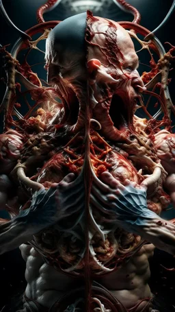 cinematic gore Bosch vs Dali style photorealistic photo of a mangled zipper-faced embryonic body wrestling itself in a fleshy vortex vortex, of anatomically fragmented, ripped apart again being flayed, skinned alive beating heart, muscles, blood vessels, bowels, entrails are exposed. Visceral anatomy. physiology. Their face and body opens with a zipper. Bosch and Dali inspired hallucinations. mythology. grotesque.