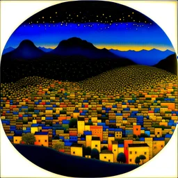 City with many colors, solchi e rilievi, dark blue decal pointillism Max Ernst