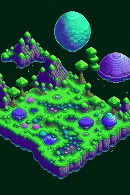 pixel art top down planet surface in 2d game, detailed level, mint green terrain, violet earth with plants and rocks, space plantd with glowing fruits