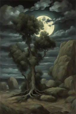 Night, tree leaves, moon, rocks, clouds, creepy gothic movies influence, ernest welvaert and hans am ende impressionism paintings