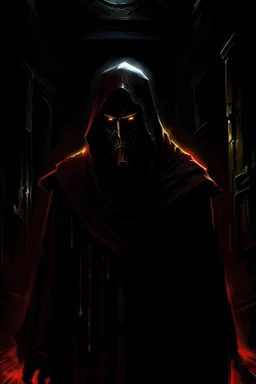 In a dimly lit chamber, shrouded in darkness, a formidable Sith Lord emerges. The Sith, a tall and imposing human figure, wears dark robes adorned with ancient Sith symbols. The Sith's face is concealed beneath a hood, casting a mysterious shadow over their features. The only visible elements are a pair of piercing yellow eyes that gleam with the intensity of the dark side of the Force. The hooded Sith holds a curved lightsaber hilt in their gloved hand, an elegant and sinister Sith weapon