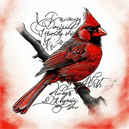 a vibrant digital chalk sketch painting featuring a double exposure image of a beautiful majestic red cardinal, ultra-detailed, within the body of the cardinal is a heart with the words "I AM ALWAYS WITH YOU" in a beautiful script