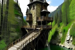 small wooden medieval gothic twisted house built into a cliff, trees, balconies, walkways, bridge, sunshine, lake