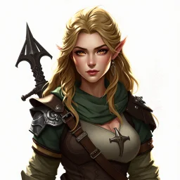 a pretty middle-aged woman, medieval, fantasy, mercenary, elven, digital art, stylised