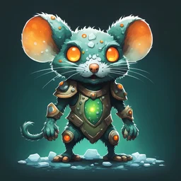 Bipedal creature resembling a mouse that is covered in rock armor that is half teal and half ice-white and covered in vivid green moss with three glowing orange eyes in cartoon art style