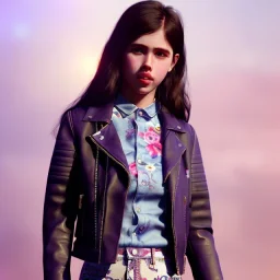 Margaret Qualley toddler, full body, leather jacket, floral shirt, floral skirt, shoe, soft skin, city background, dramatic lighting, hyper realistic