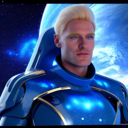 Homme galactique beau fin, grand front cosmique, yeux bleus réels, cheveux blonds, costume galactique, paysage cosmique, 8k, unreal engine