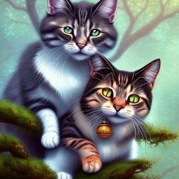 close up on two cats in the tree in magical forest, fantasy book cover art