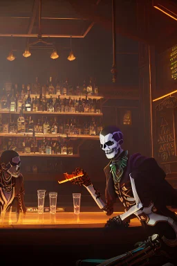 Skeletons having a drink at a bar counter, smoking sigars