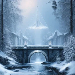 fantasy art, book illustration, wizard skating, stairs of a bridge or dam ,icy water, on the bridge is a wolf,seen from the tree tops